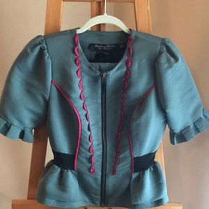 Unique olive blazer with raspberry colored design